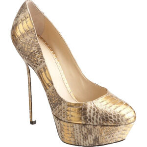 Sergio Rossi Pump Leather Platform Slim Heel Snake Python Gold Beige Metal 39.5